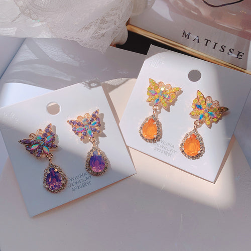 Japanese and Korean colorful summer girl heart net red jewelry crystal purple sweet soft girl butterfly water drop earrings