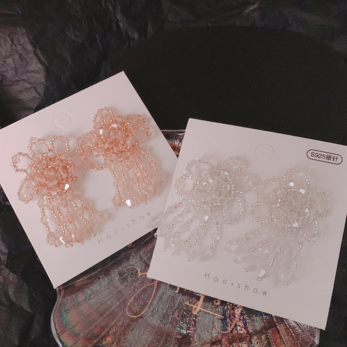 Super fairy long crystal flower earrings female net red earrings exaggerated Korean temperament earrings retro jewelry