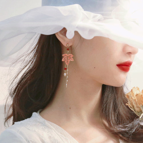 925 earrings ancient style Hanfu temperament Korean earrings maple leaf earrings female tassel earrings jewelry women