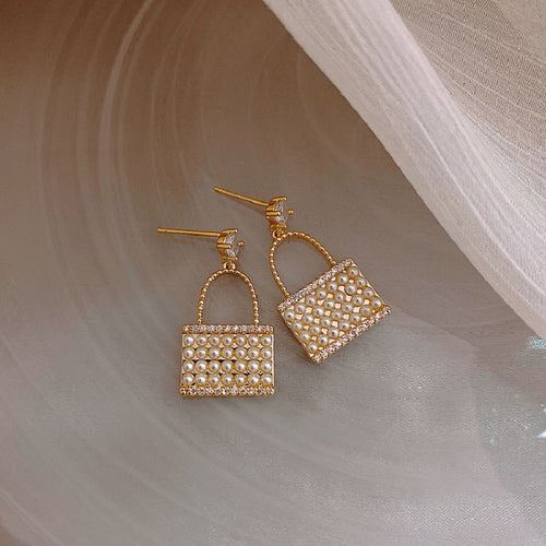 S925 Silver Post Korean designer temperament pearl bag earrings net red INS ladies trend wild earrings