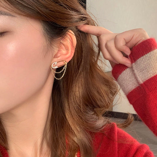 S925 silver needle high-grade paper clip earrings chain tassel earrings exquisite personality female earrings retro port style