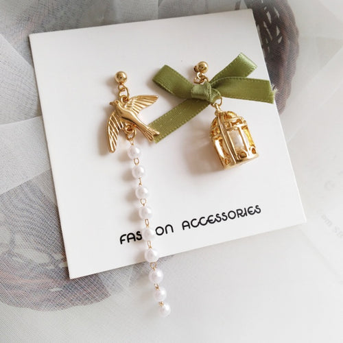 S925 silver needle super fairy forest earrings asymmetric earrings small bird cage pearl long earrings no pierced female
