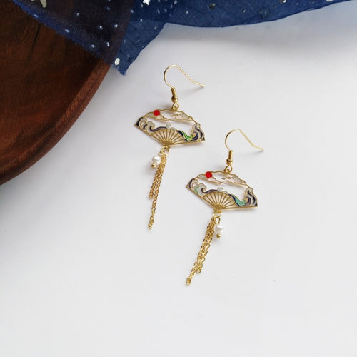 Retro temperament national wind fairyland earrings personality hollow geometric fan-shaped tassel earrings long ear clip female