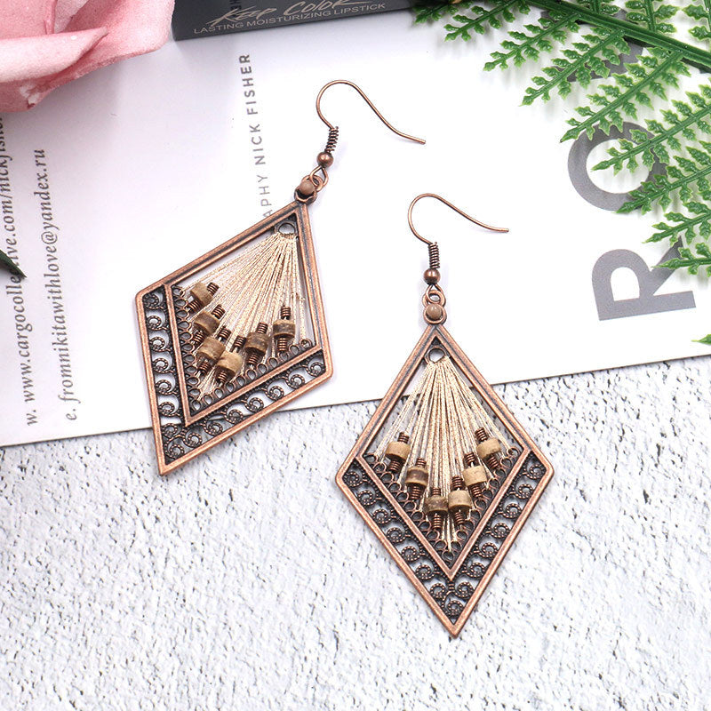 Bohemian ethnic style jewelry colorful retro exaggerated diamond earrings hand-woven rice pearl earrings