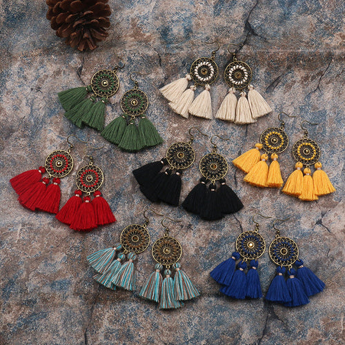 Bohemian celebrity style vintage earrings, hand-knitted rope earrings, long tassel earrings