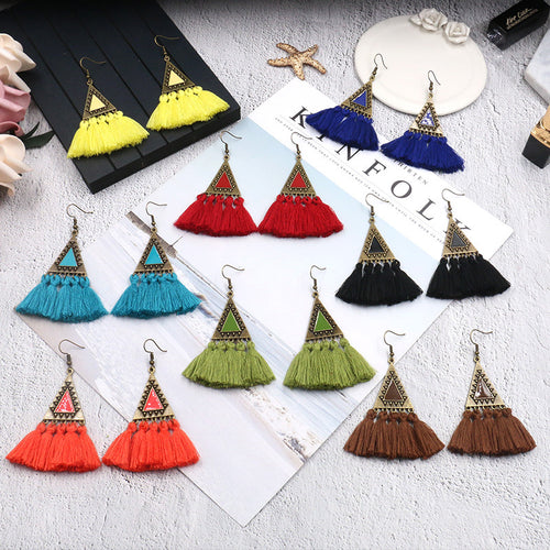 Europe And The United States Selling Personalized New Fabric Wool Geometric Triangle Tassel Earrings Long Earrings