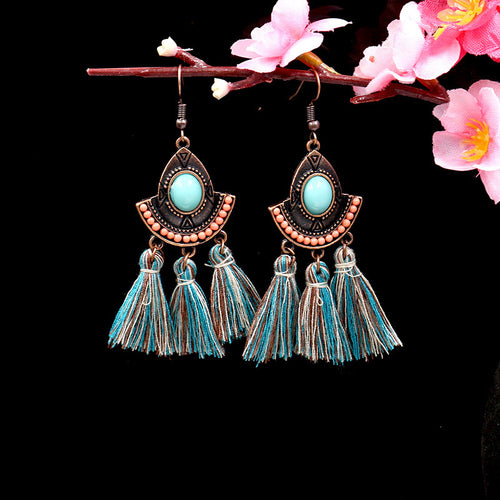 European and American bohemian style new exaggerated woven silk earrings turquoise tassel earrings