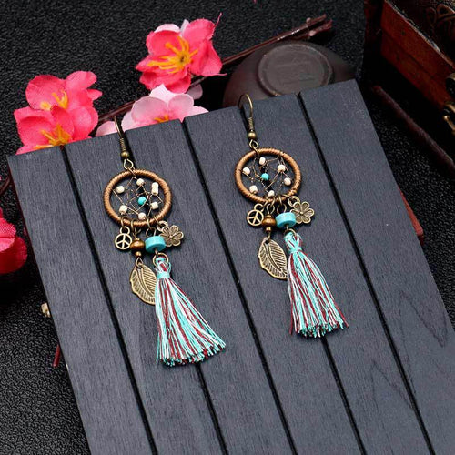 European and American jewelry new earrings Bohemian ethnic blue beads leaves woven dream net tassel earrings