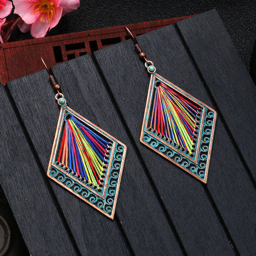 European and American fashion bohemian hollow diamond earrings colorful thread hand-made long earrings