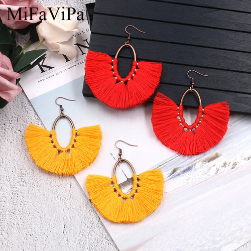 MiFaViPa Bohemian Style Fan Shapped Tassel Crystal Long Drop Earrings for Women