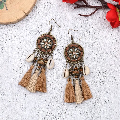 European and American fashion handmade winding sun flower tassel earrings shell pendant long earrings