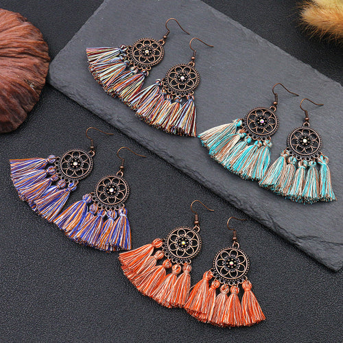 Europe and the United States hot explosion Bohemian Sunflower Hexagon earrings tassel long earrings