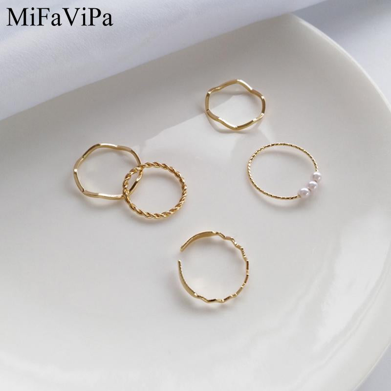 20 PCS/LOT MiFaViPa 5 Pcs Fashion Rings Set for Women Jewelry Gold Round Pearl Simplicity Minimalist Style Personality Geometric Ring Wedding Party