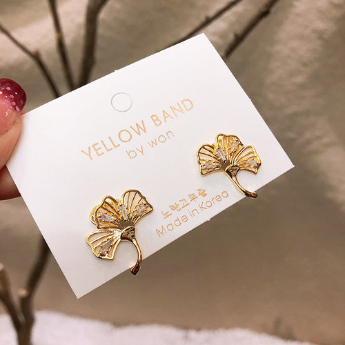 S925 silver needle temperament apricot leaf diamond earrings cute metal earrings temperament lady beautiful