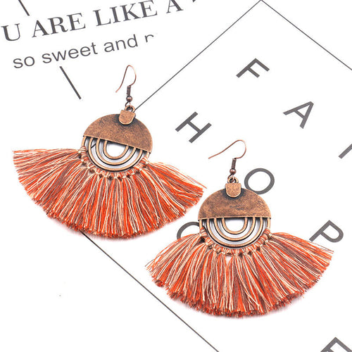 Tassel earrings jewelry European and American popular fan-shaped wool earrings geometric round alloy earrings