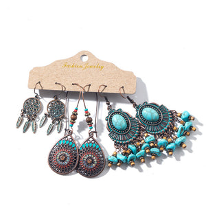 Vintage Ethnic 30 New Big Round Bronze Earrings Set For Women Bohemian Flower Shell Tassel Geometric Water Drop Earring Jewelry
