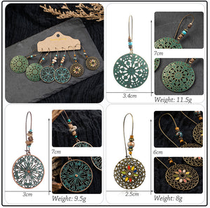 Vintage Ethnic 30 New Big Round Bronze Earrings Set For Women Bohemian Flower Shell Tassel Geometric Water Drop Earring Jewelry