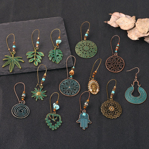 Copper green leaf Ethnic dangle Earrings Boho Round Hollow drop Earrings Women Earrings Jewelry For party gifts Wholesale