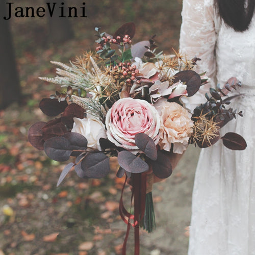 Autumn Bridal Silk Flower Bouquet Chocolate Vintage Bride Holding Flowers Artificial Wedding Bouquets Accessories