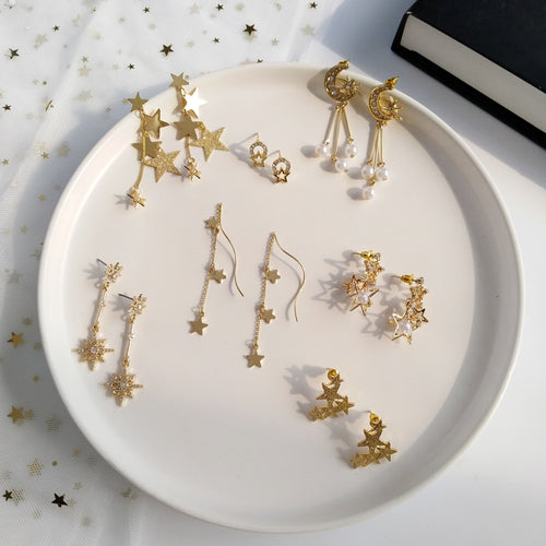 Fashion Jewelry Stars Drop Earrings Shiny Delicate Crystals Pearls Dangle Earrings Women Jewelry Youth Girl Gifts Party Wedding