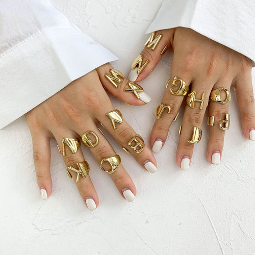 Hollow A-Z Letter Gold Color Metal Adjustable Opening Ring Initials Name Alphabet Female Party Chunky Wide Trendy Jewelry