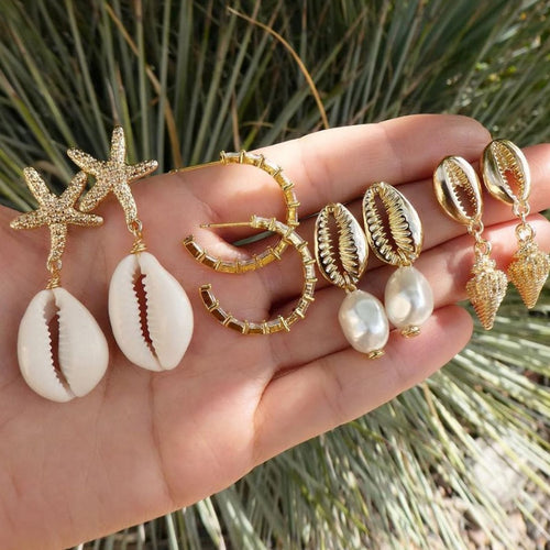 4pair/1set Boho Gold Beach Shell Starfish Conch Pearl Drop Dangle Earrings for Women Beach Piercing Earring Gift