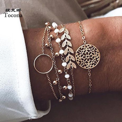 Charming 5pcs/sets Gold Bracelets for Women Hollow Round Geometric Flowers Leaves Chain Boho Jewelry Accessories