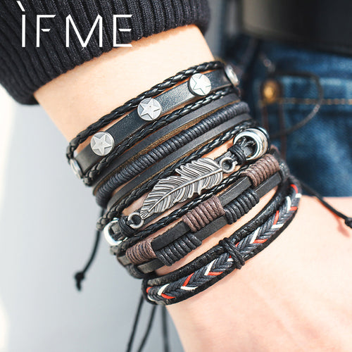Vintage Leaf Feather Multilayer Leather Bracelet Men Fashion Braided Handmade Star Rope Wrap Bracelets & Bangles Male Gift