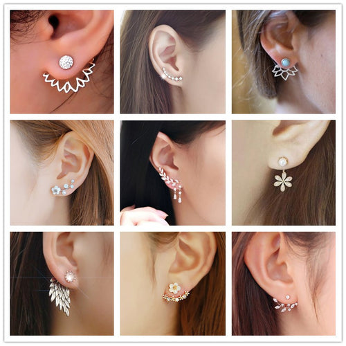 Korean Jewelry Zircon Heart Crystal Flower Stud Earrings For Women Fashion Double Sides Gold Silver Color Statement Jewelry