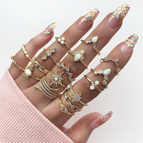 Anillos de mujer bohemios estrella de anís corona Cruz serpiente gotas geometría cristal Junta oro conjunto de anillo personalidad señora joyería de boda