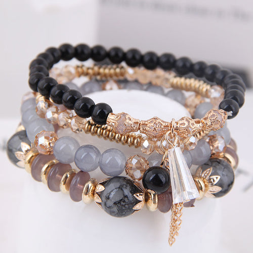Korean Fashion Ethnic Crystal Beads Bracelets for Women Girls Gift Elastic Rope Tassel Wrap Bracelet