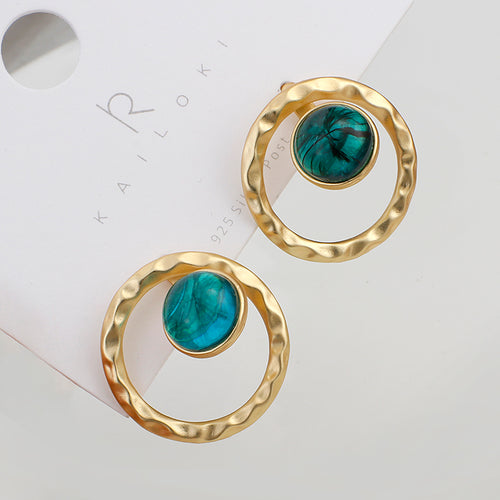 2020 Japan Vintage Round Green Crystal Big Drop Earrings For Women Retro Temperament Gold Color Earring Two Ways to Wear