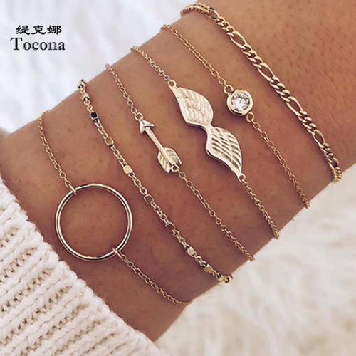 Fashion 6pcs/sets Gold Bracelets for Women Wing Arrow Clear Crystal Stone Geometric Chain Jewelry Accessories