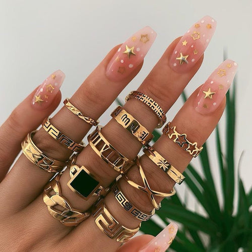 13 Pcs/Set Bohemian Gold Geometric Snake Heart Butterfly Crystal Ring Set Women Charm Joint Rings Party Wedding Jewelry