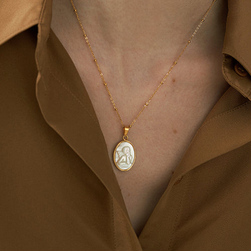 Natural Shell Cupid Portrait Necklaces Gold Beaded Chain Necklaces for Women French Ellipse Necklaces