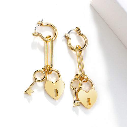 Minimalist Gold Color Long Heart Lock Key Shape Drop Earring For Women Fashionable Handmade Alloy Earrings Gift Jewelry