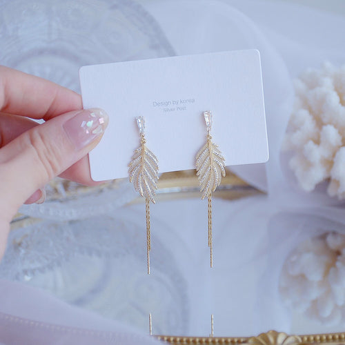 Exquisite Design Gold Leaf Tassel Stud Earring for Women 14k Real Gold Micro Pave Zircon Earring Bohemia Jewelry Accessories
