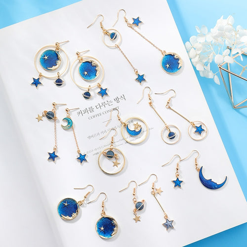 New Creative Blue Universe Asymmetric Earrings For Girl Ear Accessories Cute Moon Star Drop Pendientes Tassel